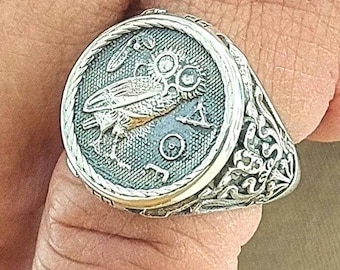 Athena Owl Signet Ring: Sterling Silver 925 Coin Jewelry