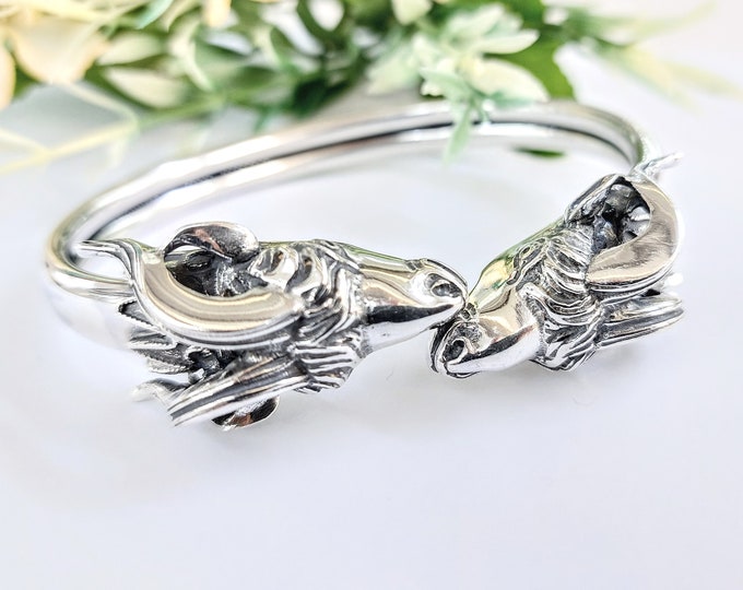Silver ram bracelet, long horned ram head jewelry