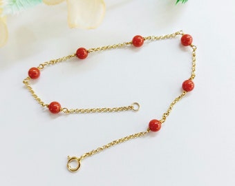 14k Gold Chain Bracelet with Natural Coral Beads, 14 Carat Gold Bracelet, Minimal Coral Jewelry, Handmade Gift for Her
