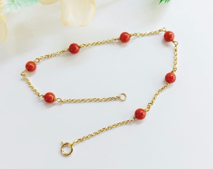 14k Gold Chain Bracelet with Natural Coral Beads, Dainty 14-Carat Gold Bracelet, Delicate Coral Jewelry, Handmade Gift for Her