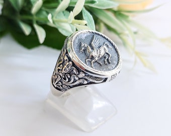 Silver Pegasus Ring, Mythical, Pegasus winged horse, signet ring, handmade silver ring