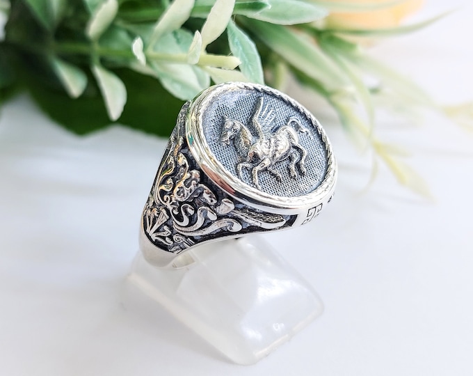Silver Pegasus Ring, Mythical, Pegasus winged horse, signet ring, handmade silver ring