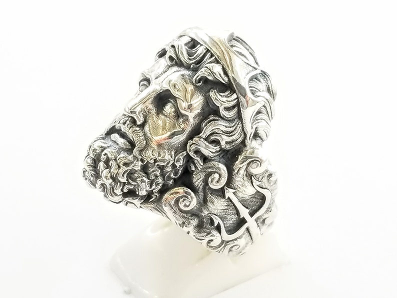 Greek Mythical God Poseidon, depicted on a sterling silver statement ring