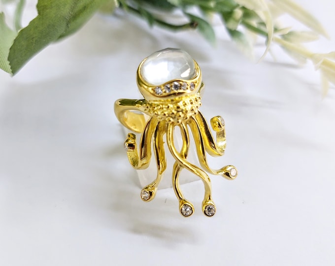 Jellyfish Ring in sterling silver 925 with mother of pearl and gold plating