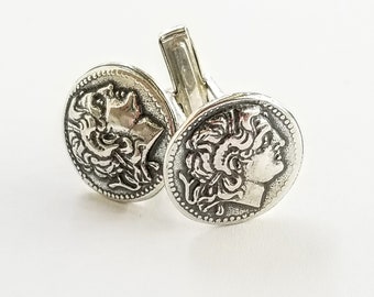 Alexander the Great coin cufflinks in sterling silver 925, cufflinks with ancient Greek coin replica.