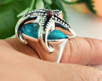 Handmade Silver Starfish Ring with copper turquoise gemstone