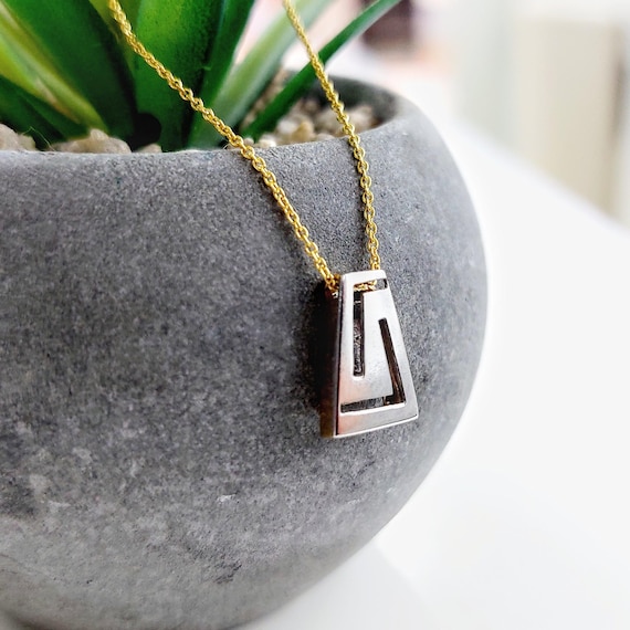 14K gold Greek key necklace, reversible pendant white gold