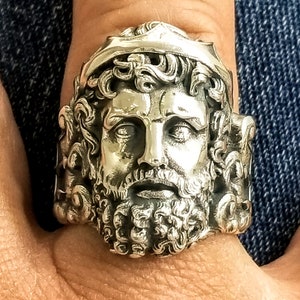 Greek Mythical God Poseidon, depicted on a sterling silver statement ring. Neptune ring for the Romans