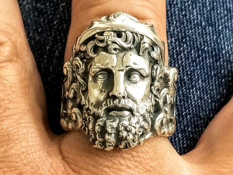 Greek Mythical God Poseidon, depicted on a sterling silver statement ring. Neptune ring for the Romans