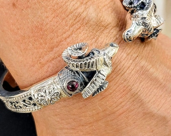 Ram head bracelet with garnets in sterling silver 925, byzantine animal cuff