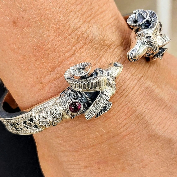 Ram head bracelet with garnets in sterling silver 925, byzantine animal cuff
