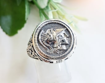 Athena coin ring in sterling silver 925, Greek mythology signet ring