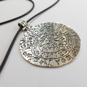 Large Sterling Silver Disc of Phaistos Pendant – Double-Sided Ancient Greek Calendar Necklace on Long Black Cord