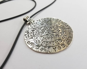 Large Sterling Silver Disc of Phaistos Pendant – Double-Sided Ancient Greek Calendar Necklace on Long Black Cord