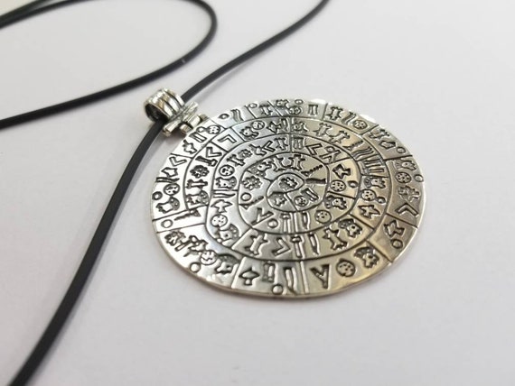 Large Phaistos disc pendant necklace, sterling silver 925, Ancient Greek calendar