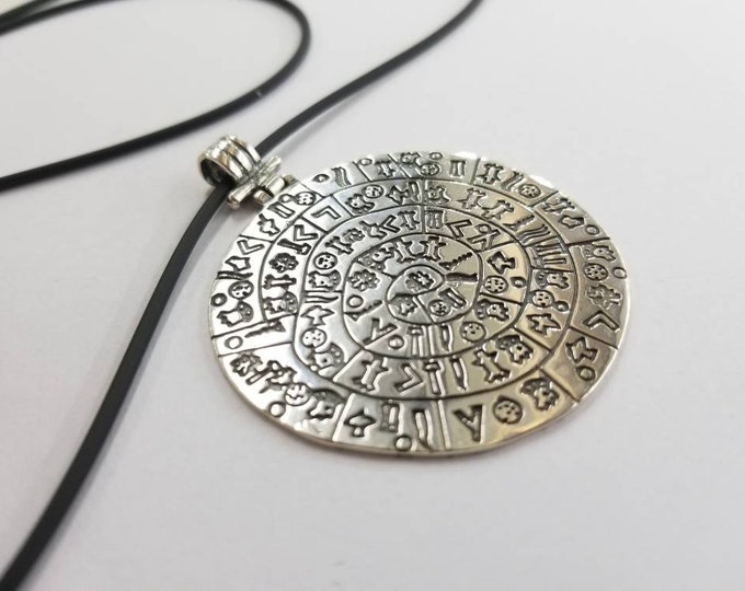 Large Sterling Silver Disc of Phaistos Pendant – Double-Sided Ancient Greek Calendar Necklace on Long Black Cord