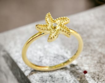 K18 Gold Starfish Ring with Diamond, Ocean Jewellery