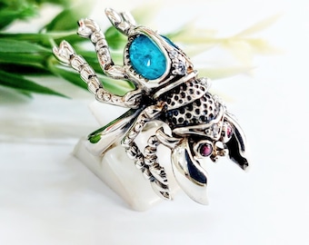 Handmade Sterling Silver Scarab Ring, Amazonite, Garnet Eyes, Egyptian Revival