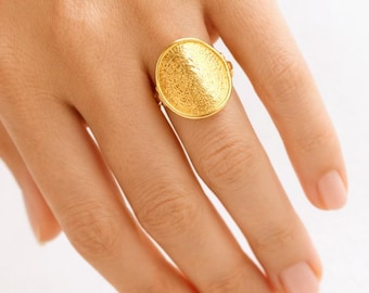 14K gold Disc of Phaistos ring, ancient Greek calendar jewelry, gift for history lover