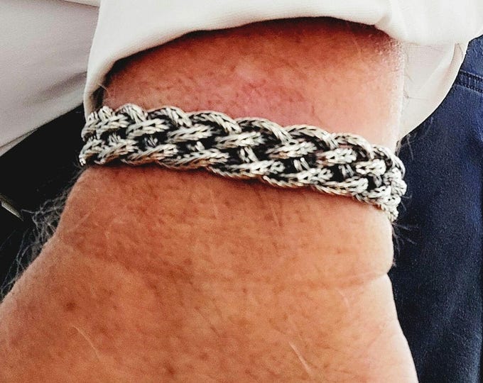 Handwoven silver boho bracelet with Greek Key enhancements, silver chain bracelet