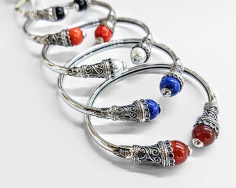 Silver bracelet with lapis lazuli, black onyx, coral, carnelian or pearl, byzantine jewelry, colourful silver bangles