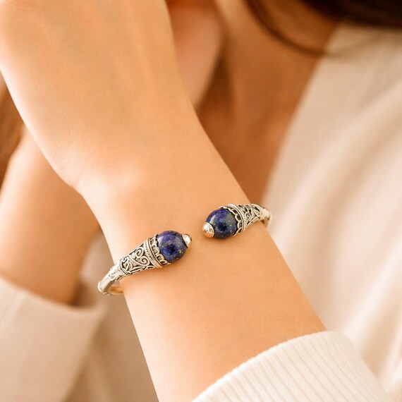 Lapis lazuli bangle bracelet with byzantine bezels in sterling silver 925