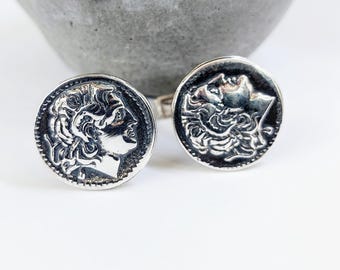 Sterling silver cufflinks of an Alexander the Great coin, mens jewelry