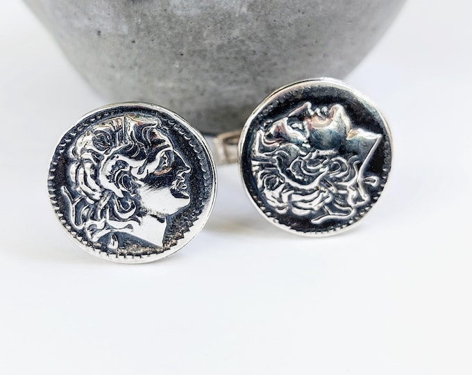 Sterling silver cufflinks of an Alexander the Great coin, mens jewelry