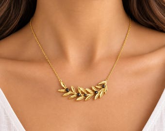 Olive branch necklace in 14K gold, floral jewellery for her