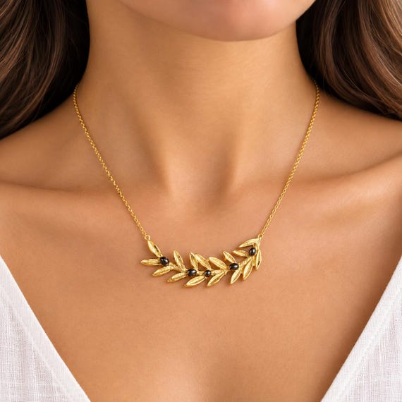 Olive branch necklace in 14K gold, floral jewellery for her