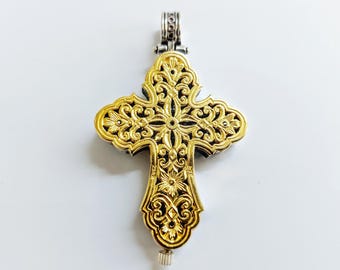 Relic cross in sterling silver 925 with byzantine themes, double sided religious jewelry