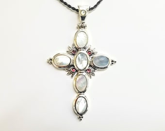 Elegant Silver Cross with Mother of Pearl and Garnet Accents