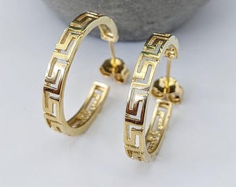 Large Greek key hoop earrings in 14K gold, perforated Greek meander earrings