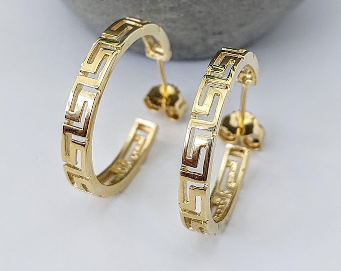 Large Greek key hoop earrings in 14K gold, perforated Greek meander earrings