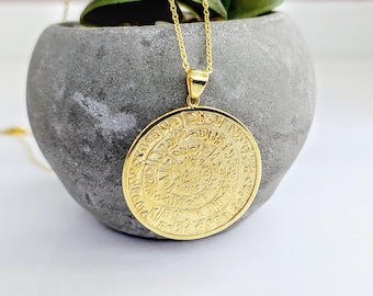 Disc of Phaistos necklace in k14 gold, ancient Greek calendar, symbolic gold necklace