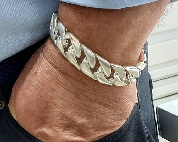 Heavy Handmade Cuban Link Chain Bracelet for Men, Wide Solid Silver Bracelet with Double Safety Slide Clasp, Bold Statement Jewelry