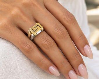 Greek key ring in 14K white and yellow gold, reversible Hellenic jewellery