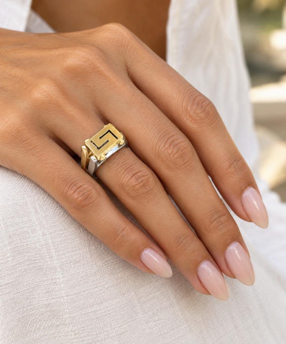 Greek key ring in 14K white and yellow gold, reversible Hellenic jewellery