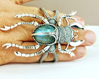 Sterling silver scarab bracelet, handmade beetle cuff, labradorite jewelry