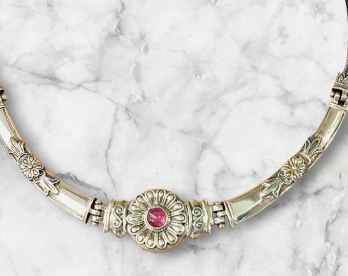 Handmade Sterling Silver Necklace with Pink Tourmaline,  Hinged Center & Woven Chain