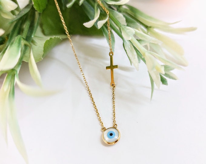 14K Gold Evil Eye and Cross Necklace, round evil eye chain necklace, gold eye jewelry