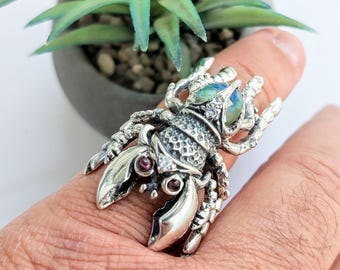 Handmade Scarab Ring, sterling silver 925, beetle jewellery, chrysocolla gemstone, for insect lovers