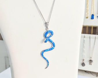 Snake necklace pendant, sterling silver 925, Kyocera blue opal, reptile jewellery, gift for her