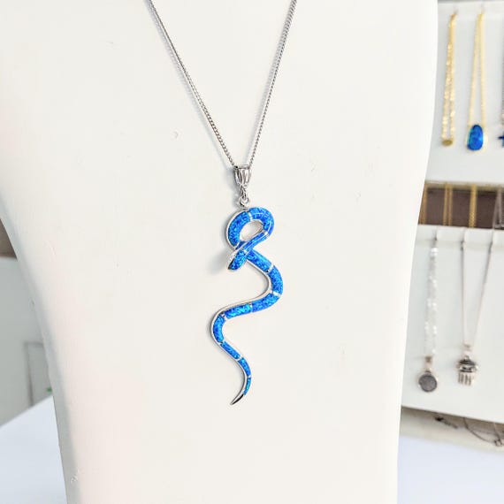 Snake necklace pendant, sterling silver 925, Kyocera blue opal, reptile jewellery, gift for her