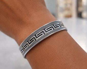 Greek key cuff bracelet in sterling silver, adjustable and unisex
