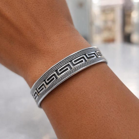 Greek key cuff bracelet in sterling silver, adjustable and unisex