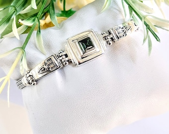 Sterling silver handmade bracelet, green tourmaline jewellery, flat byzantine chain bracelet