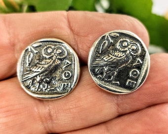 Athena owl cufflinks in sterling silver 925, coin jewelry