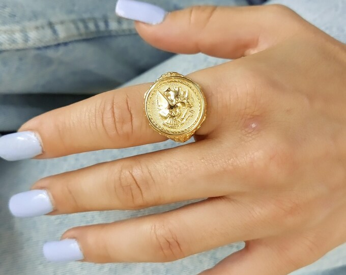 Athena Coin Signet Ring, Gold-Filled Sterling Silver 925, Greek Mythology Jewelry, Intricate Detailed shank, Goddess Athena signet ring