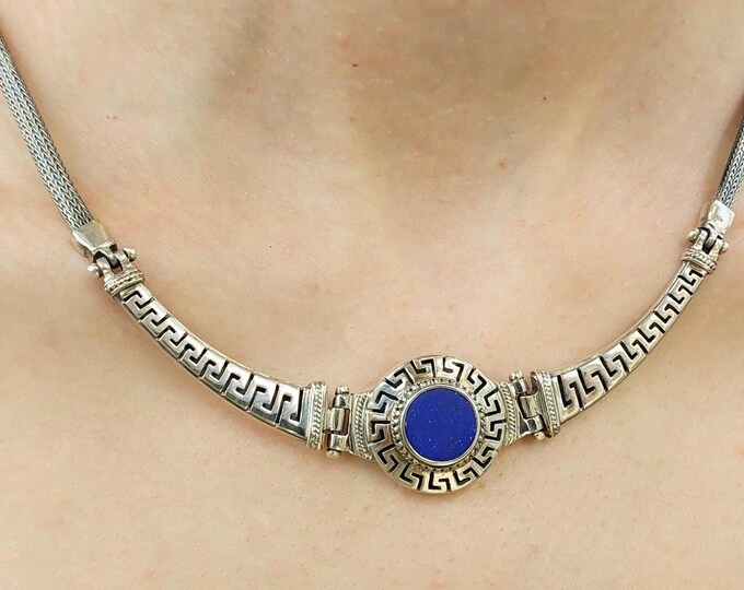 Handcrafted Sterling Silver Necklace with Lapis Lazuli, Greek Key Design and Woven Chain